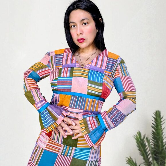 vintage 70's handmade metal zipper pastel rainbow patchwork madras midi dress - Picture 3 of 11
